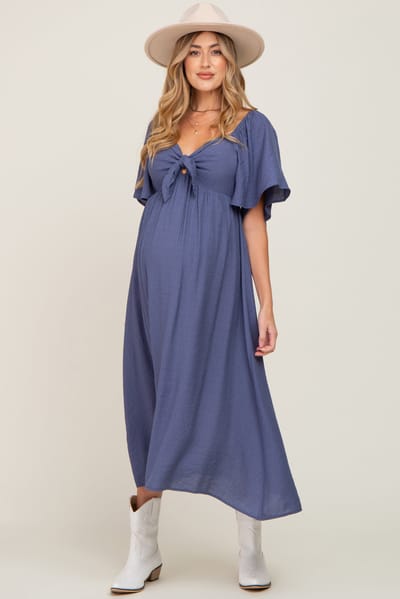 PinkBlush Navy Front Tie Ruffle Sleeve Maternity Midi Dress