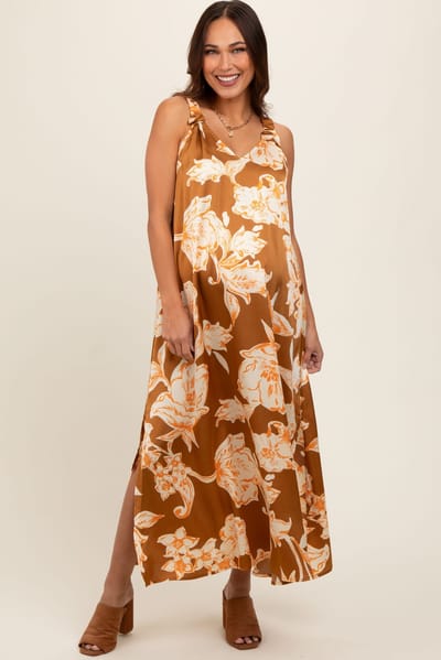 PinkBlush Mocha Floral Ruched Strap V-Neck Maternity Midi Dress