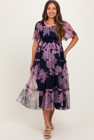 PinkBlush Navy Smocked Top Mesh Ruffled Maternity Midi Dress