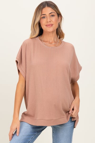 PinkBlush Brown Solid Ribbed Short Sleeve Oversized Maternity Tunic Top