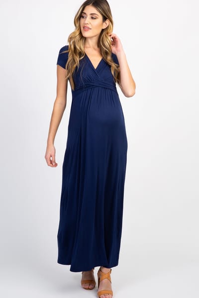 Rhea + Thea PinkBlush Navy Draped Maternity/Nursing Maxi Dress
