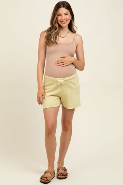 PinkBlush Yellow Drawstring Raw Hem Maternity Shorts
