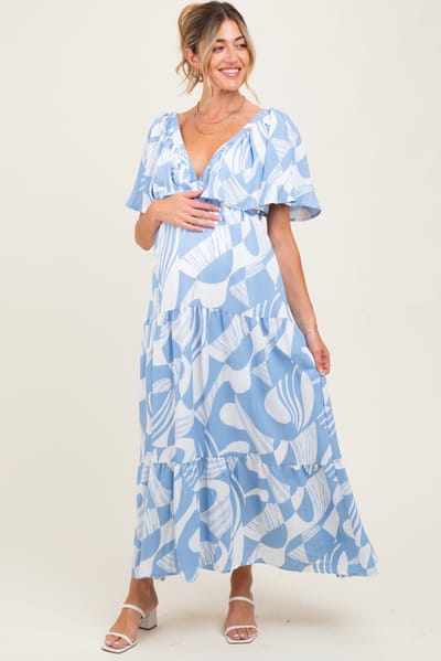 PinkBlush Blue Sleeveless Smocked Back Printed Maternity Maxi Dress