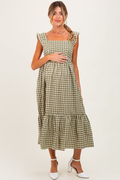 Elloh Olive Gingham Ruffle Strap Maternity Midi Dress