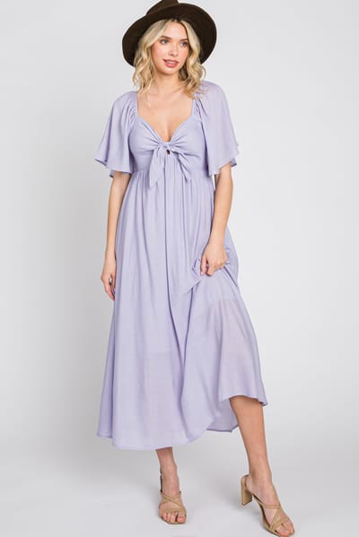 Lime N Chili Lavender Front Tie Ruffle Sleeve Midi Dress