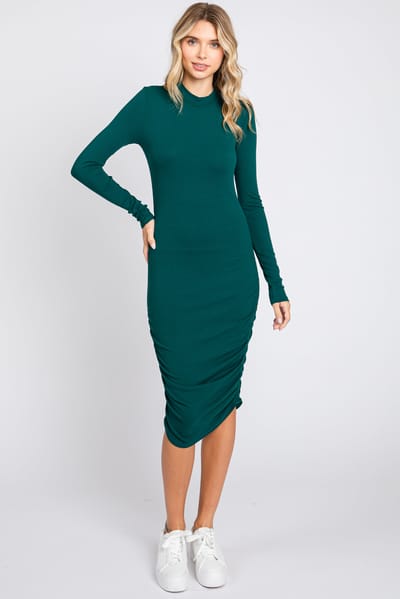 Popular 21 Green Ribbed Mock Neck Ruched Long Sleeve Dress