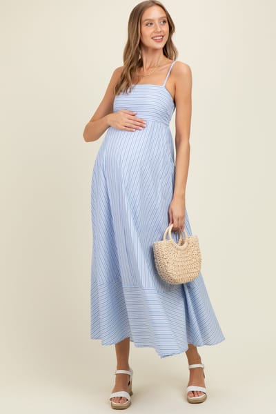 Hem & Thread Light Blue Spaghetti Strap Stripe Maternity Maxi Dress