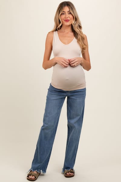 Vervet Blue Wide Leg Distressed Hem Maternity Jeans