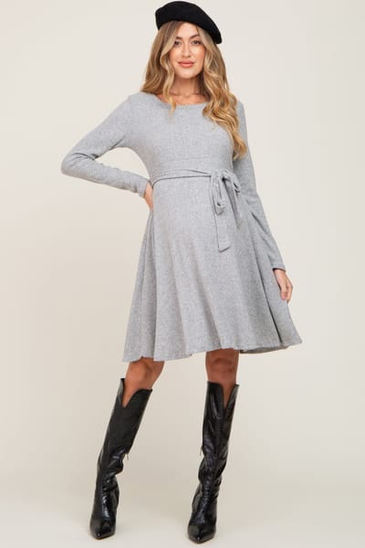 Hello Miz Heather Grey Soft Rib Knit Sash Tie Maternity Dress