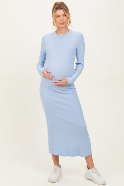 ABLE Light Blue Ribbed Knit Fitted Maternity Midi Sweater Dress