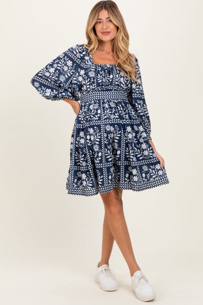 Polagram Light Navy Floral Square Neck Bubble Sleeve Maternity Dress