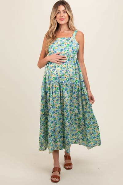 PinkBlush Blue Floral Square Neck Cut Out Back Tiered Maternity Maxi Dress