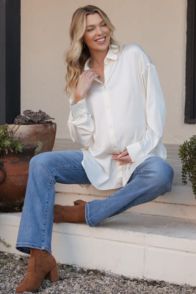 Hyfve Cream Long Sleeve Oversized Satin Maternity Shirt