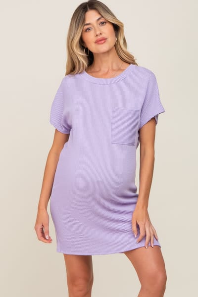 PinkBlush Lavender Ribbed Front Pocket Dolman Short Sleeve Maternity Dress