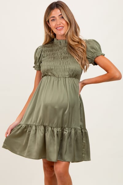 Elloh Light Olive Satin Smocked Mock Neck Maternity Dress