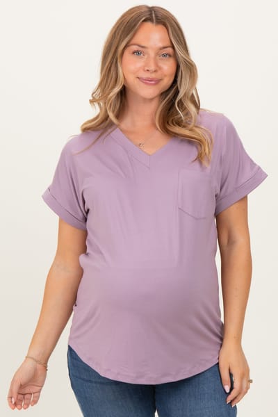 Mitto Lavender V-Neck Pocket Short Sleeve Maternity Shirt