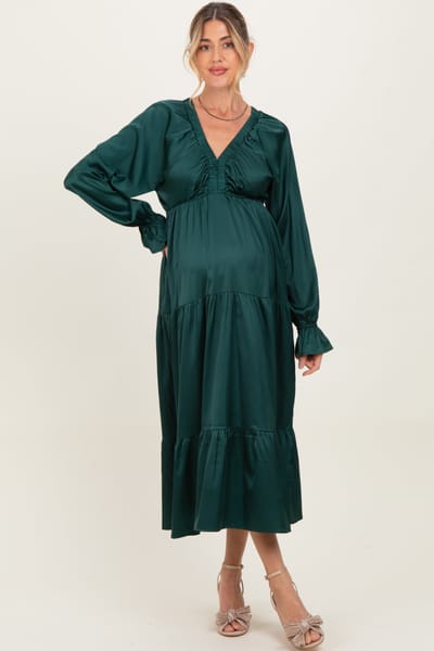 PinkBlush Hunter Green Solid V-Neck Satin Long Sleeve Maternity Maxi Dress