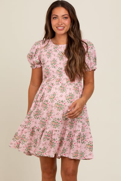 Elloh Light Pink Floral Smocked Puff Sleeve Maternity Dress