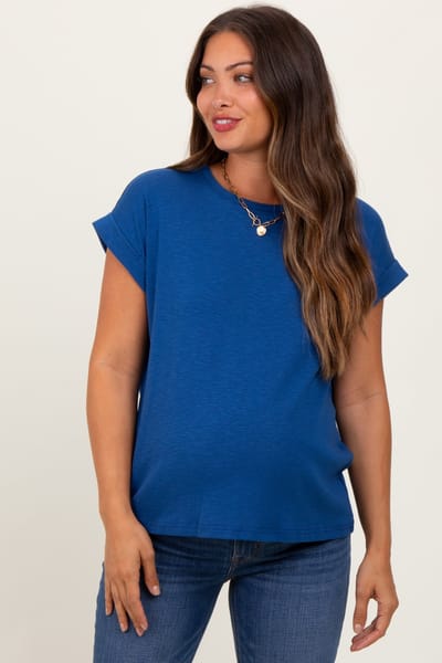 Zenana Outfitters Light Navy Rolled Short Sleeve Maternity Tee