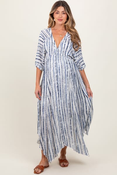 En Creme Navy Printed Deep V-Neck Maternity Midi Dress