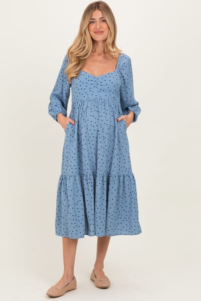 Elloh Dusty Blue Polka Dots Sweetheart Neck Maternity Midi Dress