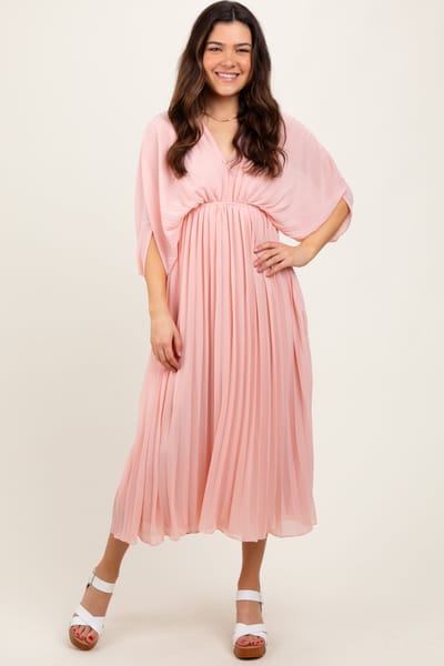 Dress Day Light Pink Pleated V Neck Maxi Dress