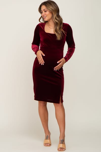 Hello Miz Burgundy Velvet Long Sleeve Side Slit Maternity Dress