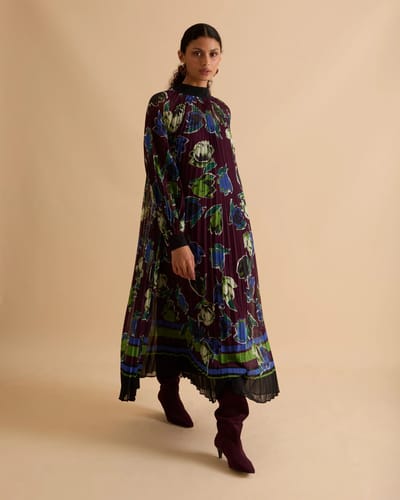 Florere Printed High Neck Pleated Midi Dress