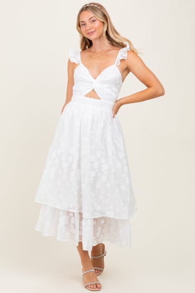 Camellia White Embroidered Twist Front Cutout Midi Dress