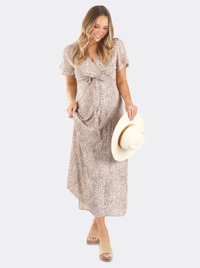 Angel Maternity Isabella Beige Leopard Print Maternity & Nursing Wrap Dress