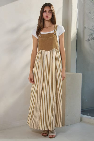 ODDI Camel Striped Colorblock Denim Contrast Maxi Dress