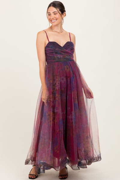 Rosevelvet Magenta Floral Mesh Tulle Overlay Maternity Maxi Dress