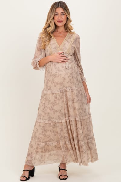 BaeVely Camel Floral Mesh Overlay Lace Trim Maternity Maxi Dress