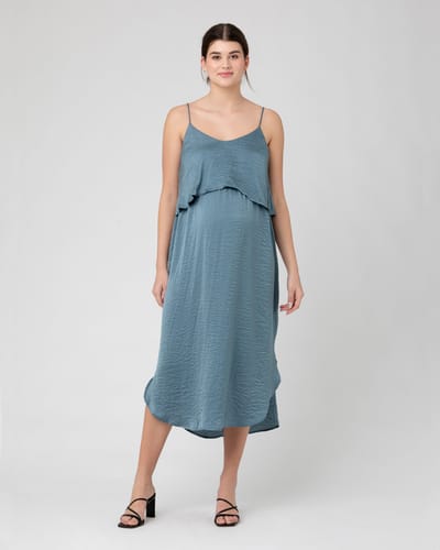 Ripe Maternity Crushed Satin Nursing Dress  Dusty Blue