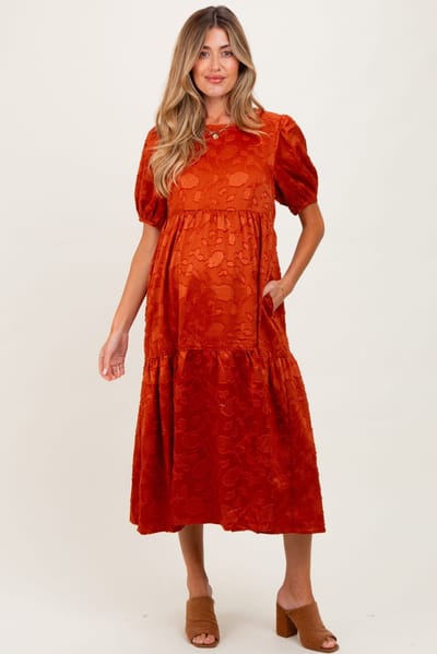 PinkBlush Rust Floral Jacquard Tie Detail Maternity Midi Dress