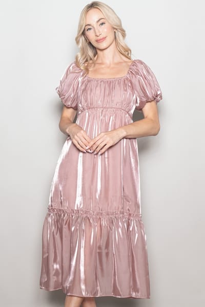 Elloh Pink Organza Puff Sleeve Midi Dress