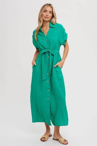Bluivy Green Button Front Belted Short Sleeve Midi Dress