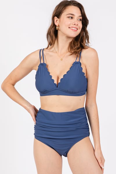 Charmo Blue Scalloped V-Neck High Waist Two-Piece Swimsuit