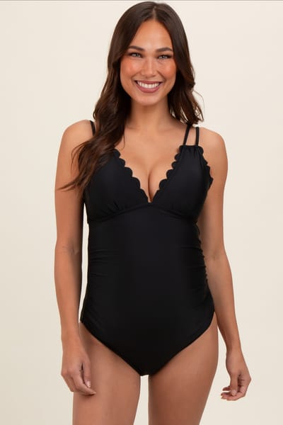 Charmo Black Scalloped V-Neck Back Tie Cutout Maternity One Piece Swimsuit
