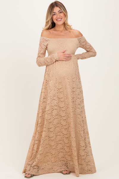 Rhea + Thea Gold Floral Lace Long Sleeve Off Shoulder Maternity Maxi Dress