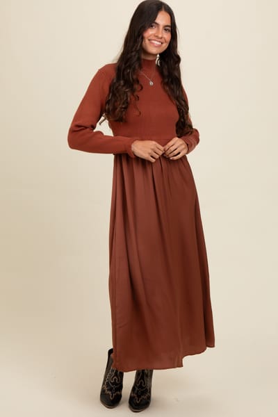 Tea N Rose Brown Knit Contrast Top Satin Midi Dress