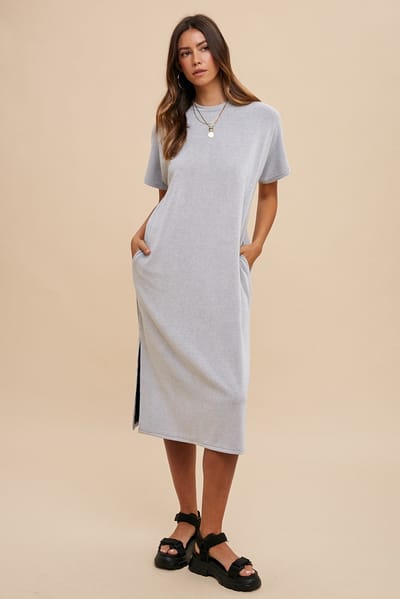 AnnieWear Grey Ribbed Short Dolman Sleeve Side Slit Midi Dress