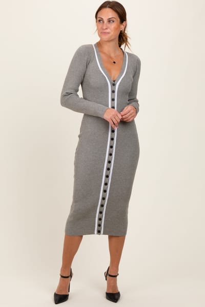 Rhea + Thea Charcoal Knit Contrast Stripe Button Down Dress