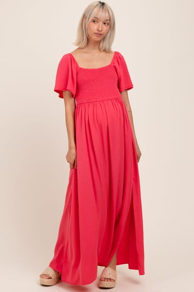 ZiA Apparel Coral Chambray Smocked Maternity Maxi Dress