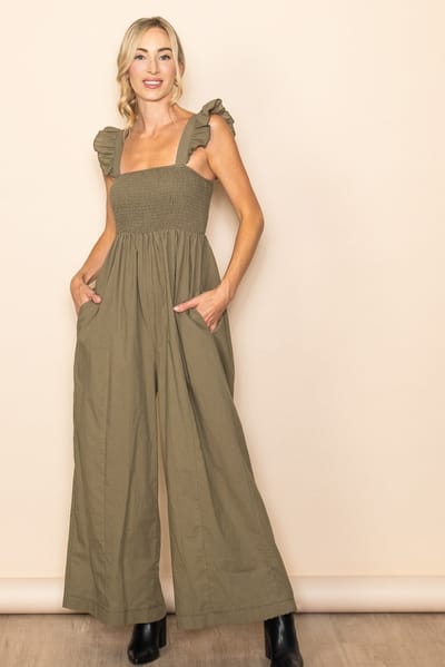 Elloh Olive Ruffle Strap Smocked Wide Leg Jumpsuit