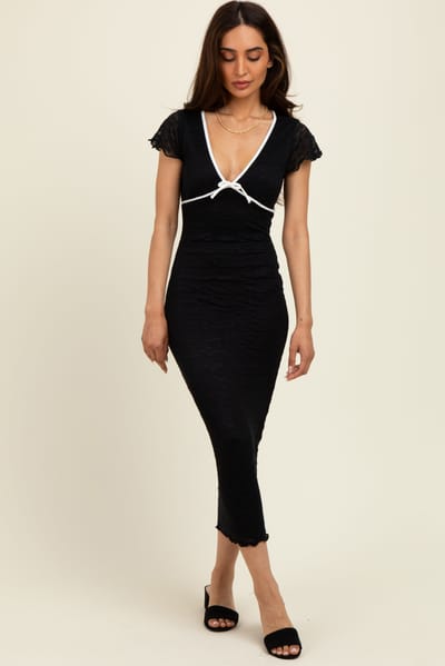 Hearts and Hips Black Lace Contrast Fitted Midi Dress