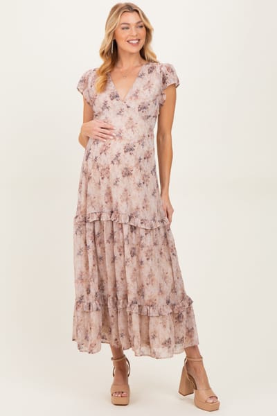 BaeVely Peach Abstract Print Ruffle Trim Maternity Maxi Dress