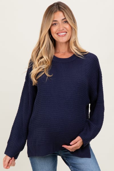 PinkBlush Navy Waffle Knit Side Slit Maternity Sweater