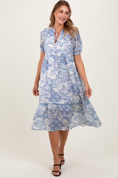 Umgee Blue Paisley Front Tie Ruffle Trim Midi Dress