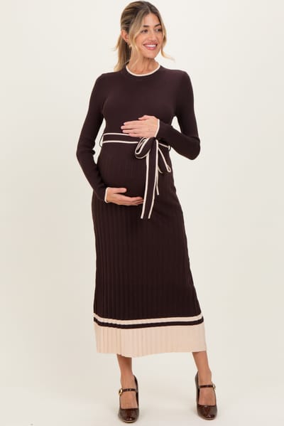 Camellia Brown Ribbed Midi Sweater Dress With Belt